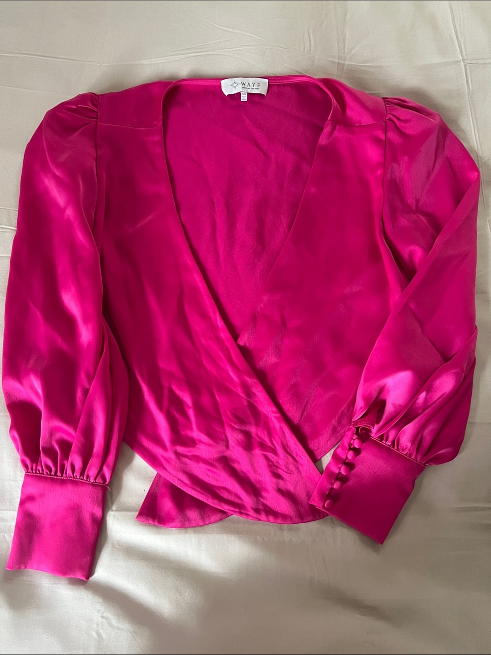 WAYF Fuchsia Satin Tie Front Crop Top XS Puff Sleeve Deep V Blouse
